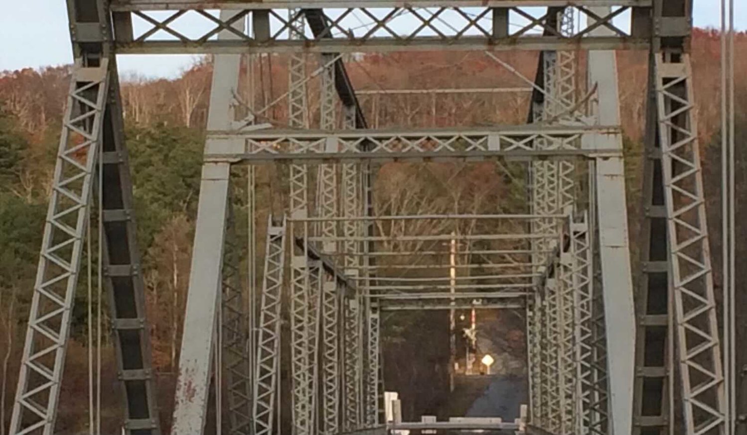 A close-up view of the trusses that make up the Skinners Falls Bridge.